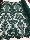 Floral - Hunter Green -Embroided Lace Fabric Damask Pattern - Beautiful Fabrics Sold by The Yard