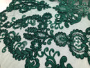 Floral - Hunter Green -Embroided Lace Fabric Damask Pattern - Beautiful Fabrics Sold by The Yard