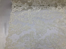 Floral - Ivory - Embroided Lace Fabric Damask Pattern - Beautiful Fabrics Sold by The Yard
