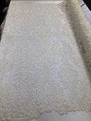 Floral - Ivory - Embroided Lace Fabric Damask Pattern - Beautiful Fabrics Sold by The Yard