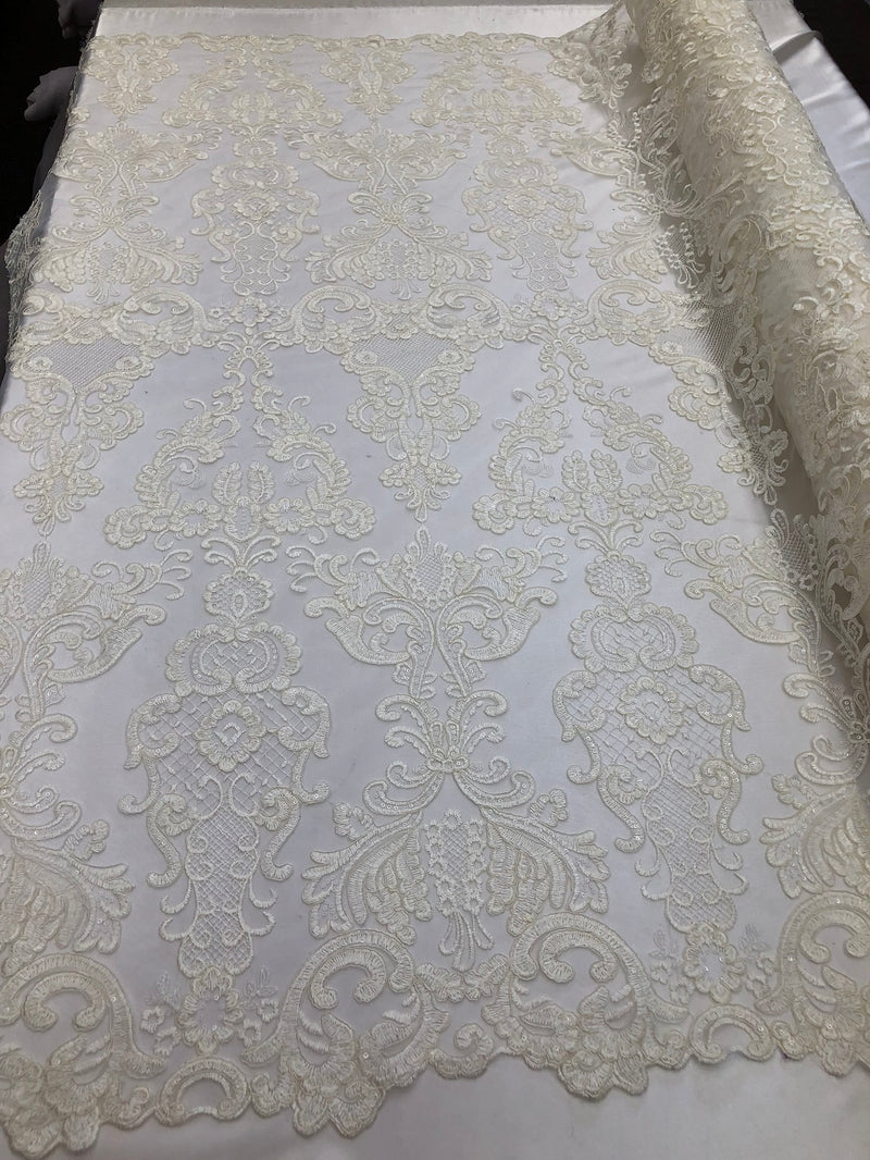 Floral - Ivory - Embroided Lace Fabric Damask Pattern - Beautiful Fabrics Sold by The Yard