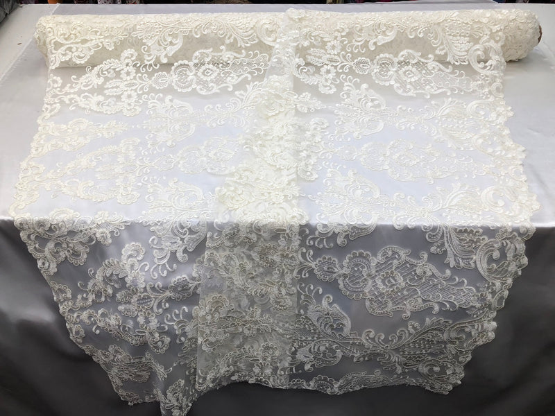 Floral - Ivory - Embroided Lace Fabric Damask Pattern - Beautiful Fabrics Sold by The Yard