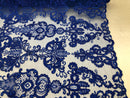 Floral - Royal Blue - Embroided Lace Fabric Damask Pattern - Beautiful Fabrics Sold by The Yard