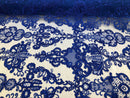 Floral - Royal Blue - Embroided Lace Fabric Damask Pattern - Beautiful Fabrics Sold by The Yard