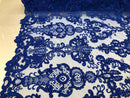 Floral - Royal Blue - Embroided Lace Fabric Damask Pattern - Beautiful Fabrics Sold by The Yard