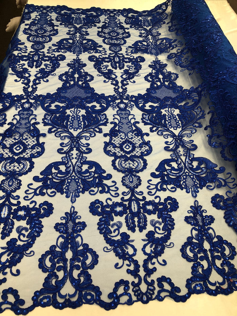 Floral - Royal Blue - Embroided Lace Fabric Damask Pattern - Beautiful Fabrics Sold by The Yard