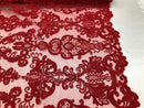 Floral - Red - Embroided Lace Fabric Damask Pattern - Beautiful Fabrics Sold by The Yard