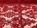 Floral - Red - Embroided Lace Fabric Damask Pattern - Beautiful Fabrics Sold by The Yard