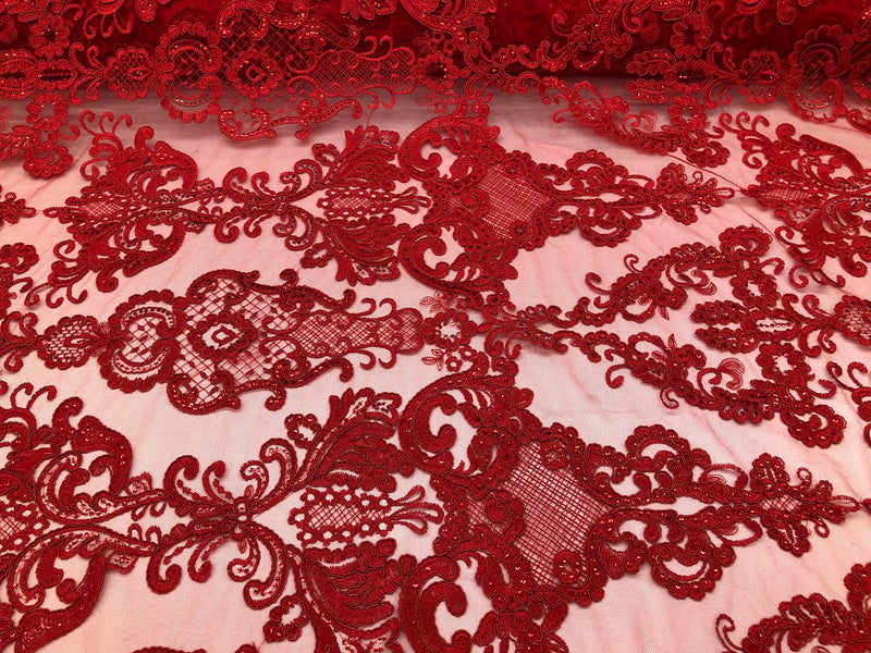 Floral - Red - Embroided Lace Fabric Damask Pattern - Beautiful Fabric