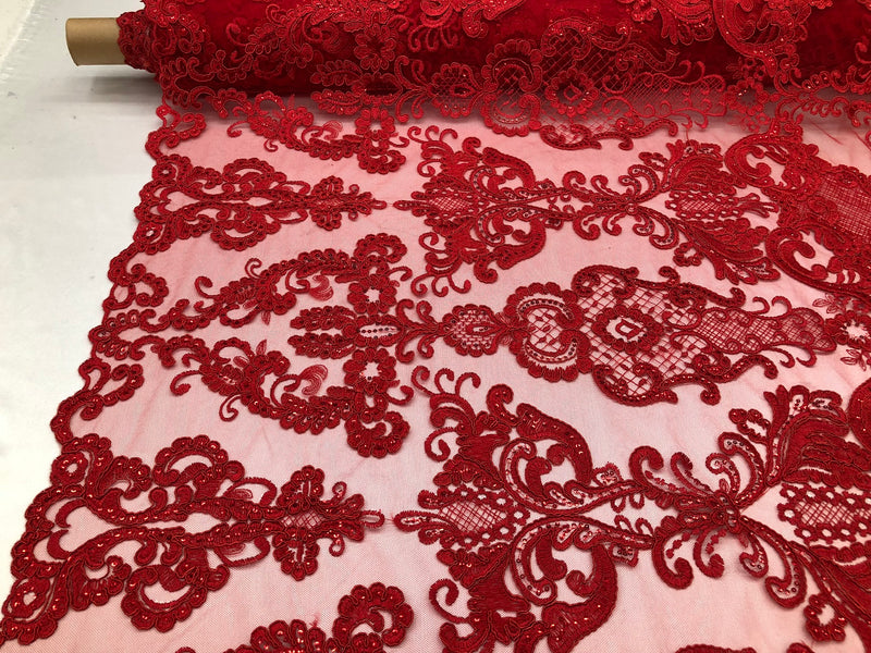 Floral - Red - Embroided Lace Fabric Damask Pattern - Beautiful Fabrics Sold by The Yard