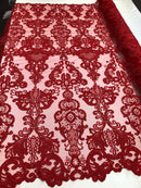 Floral - Red - Embroided Lace Fabric Damask Pattern - Beautiful Fabrics Sold by The Yard