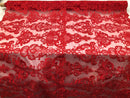 Floral - Red - Embroided Lace Fabric Damask Pattern - Beautiful Fabrics Sold by The Yard