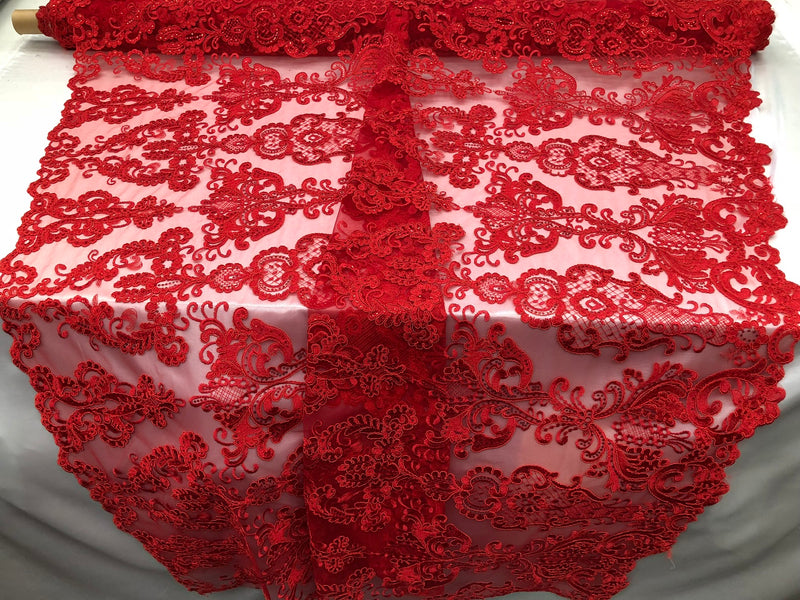 Floral - Red - Embroided Lace Fabric Damask Pattern - Beautiful Fabrics Sold by The Yard