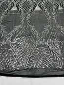 Triangle Sequin Fabric - Silver on Black - Geometric Designs Spandex Mesh