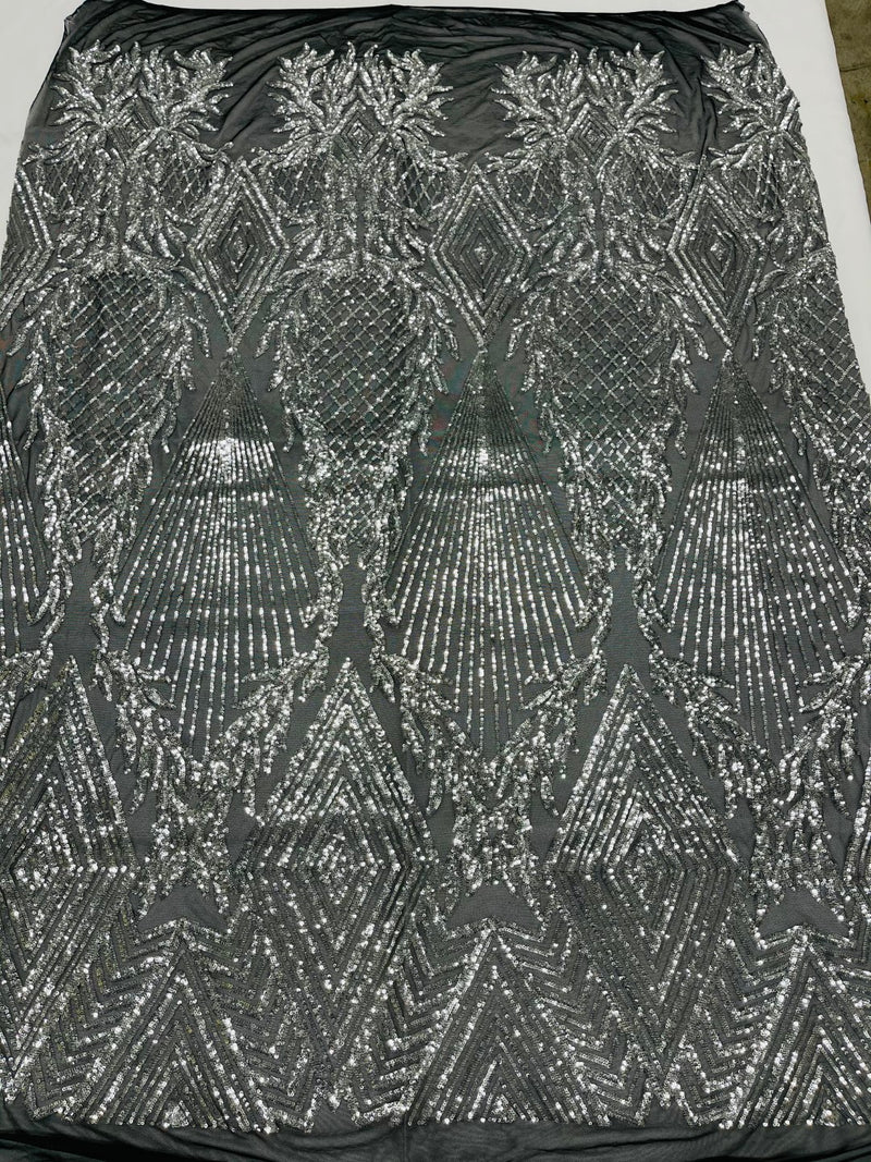 Triangle Sequin Fabric - Silver on Black - Geometric Designs Spandex M
