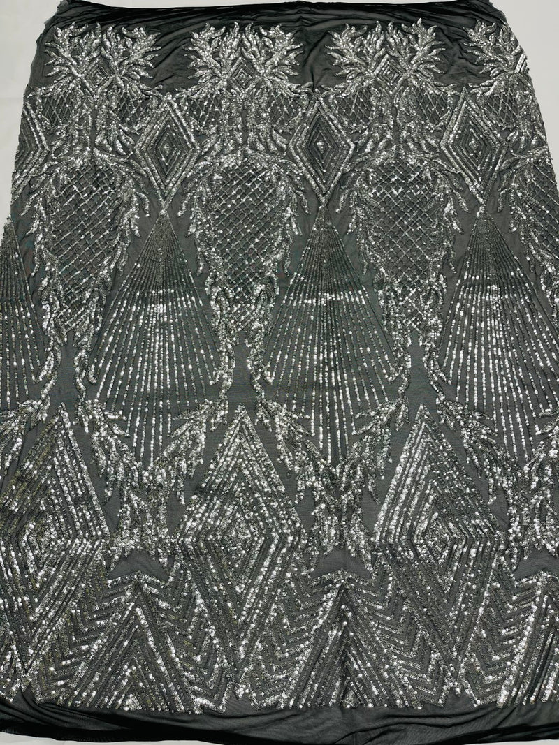 Triangle Sequin Fabric - Silver on Black - Geometric Designs Spandex Mesh