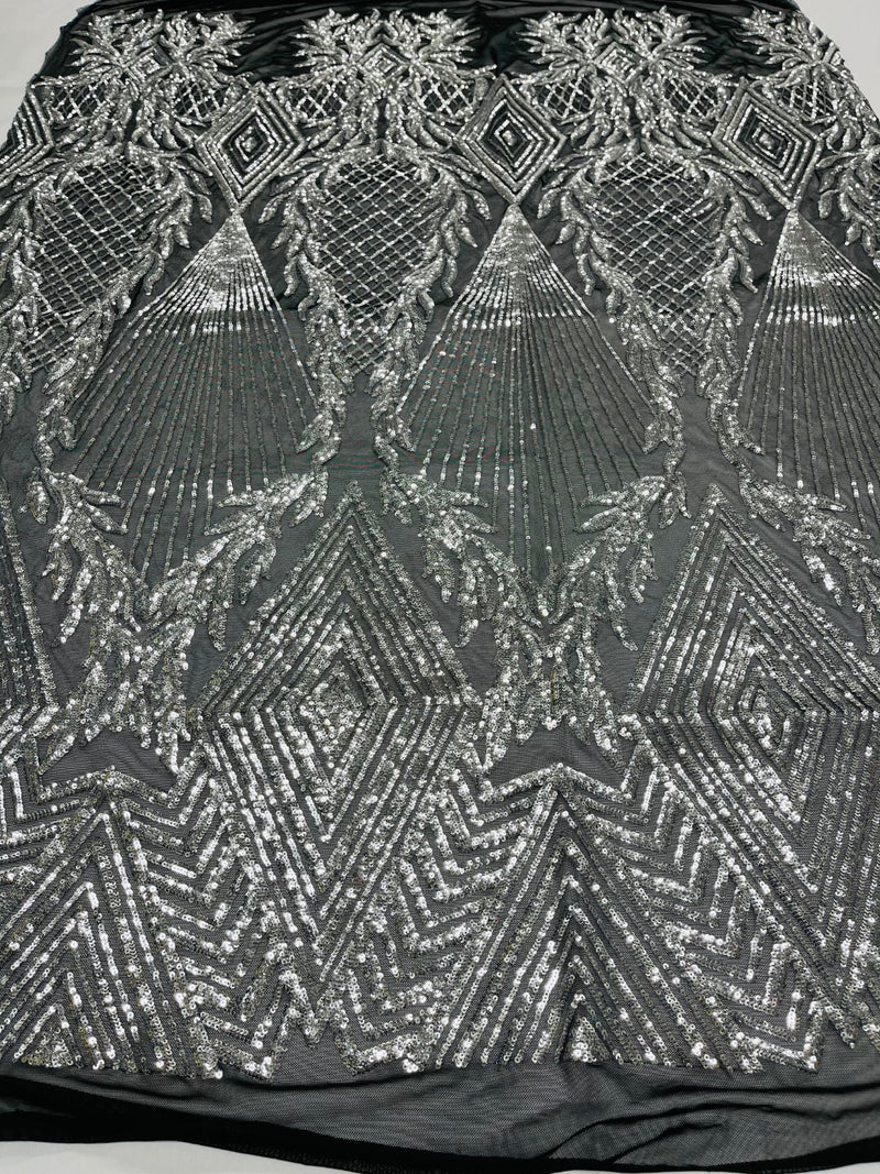 Triangle Sequin Fabric - Silver on Black - Geometric Designs Spandex Mesh