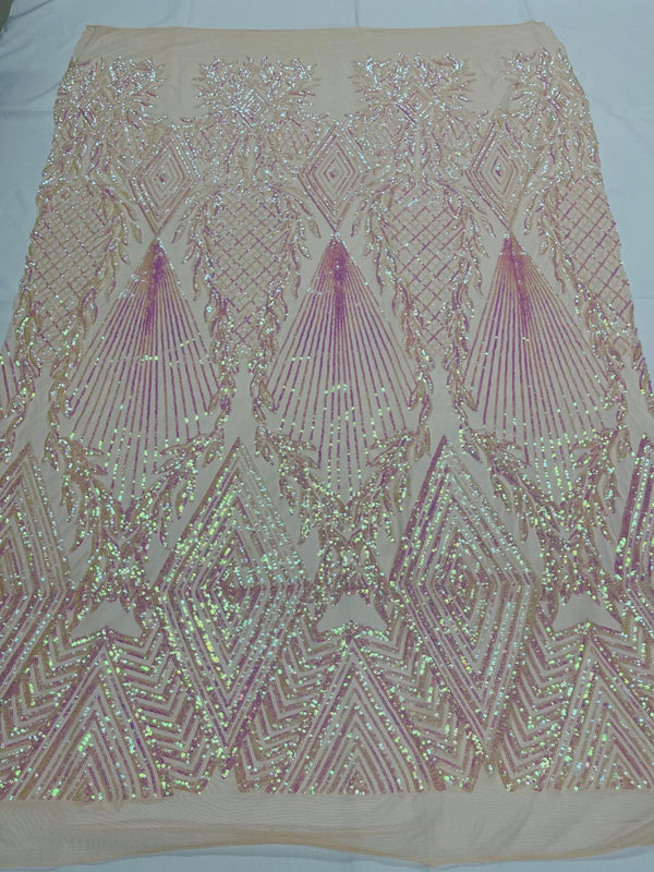 Triangle Sequin Fabric - Iridescent Clear Pink - Geometric Designs Spandex Mesh