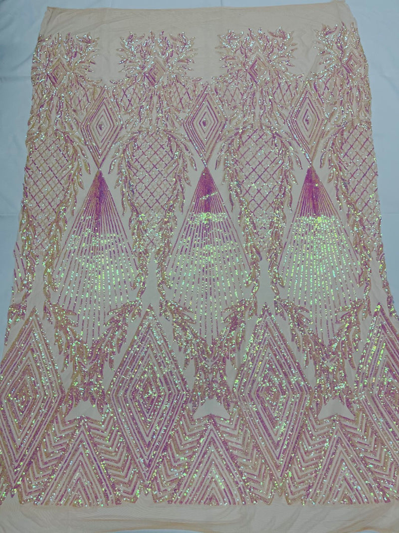 Triangle Sequin Fabric - Iridescent Clear Pink - Geometric Designs Spandex Mesh