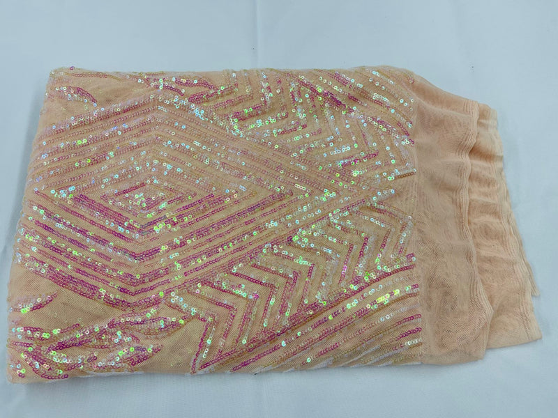 Triangle Sequin Fabric - Iridescent Clear Pink - Geometric Designs Spandex Mesh