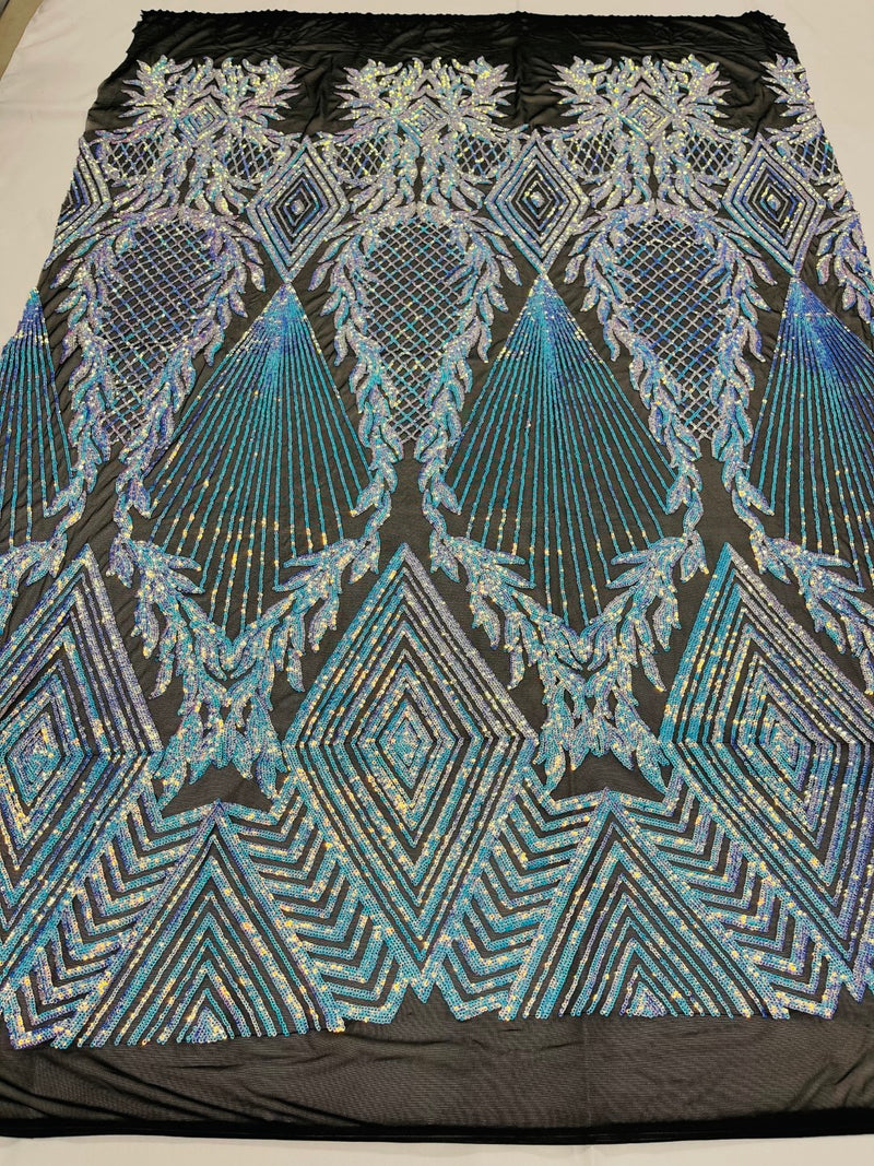 Triangle Sequin Fabric - Iridescent Blue on Black - Geometric Designs Spandex Mesh