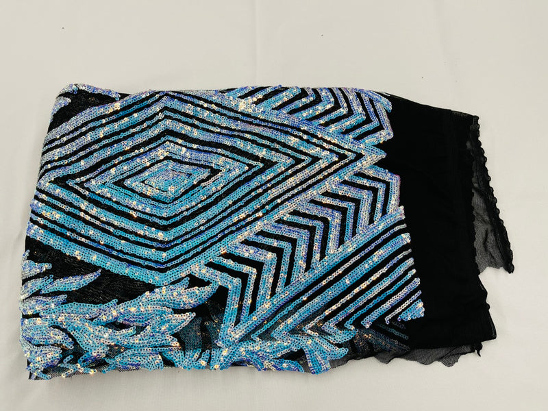 Triangle Sequin Fabric - Iridescent Blue on Black - Geometric Designs Spandex Mesh