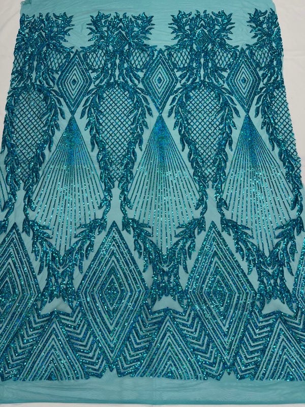 Triangle Sequin Fabric - Holographic Turquoise - Geometric Designs Spandex Mesh