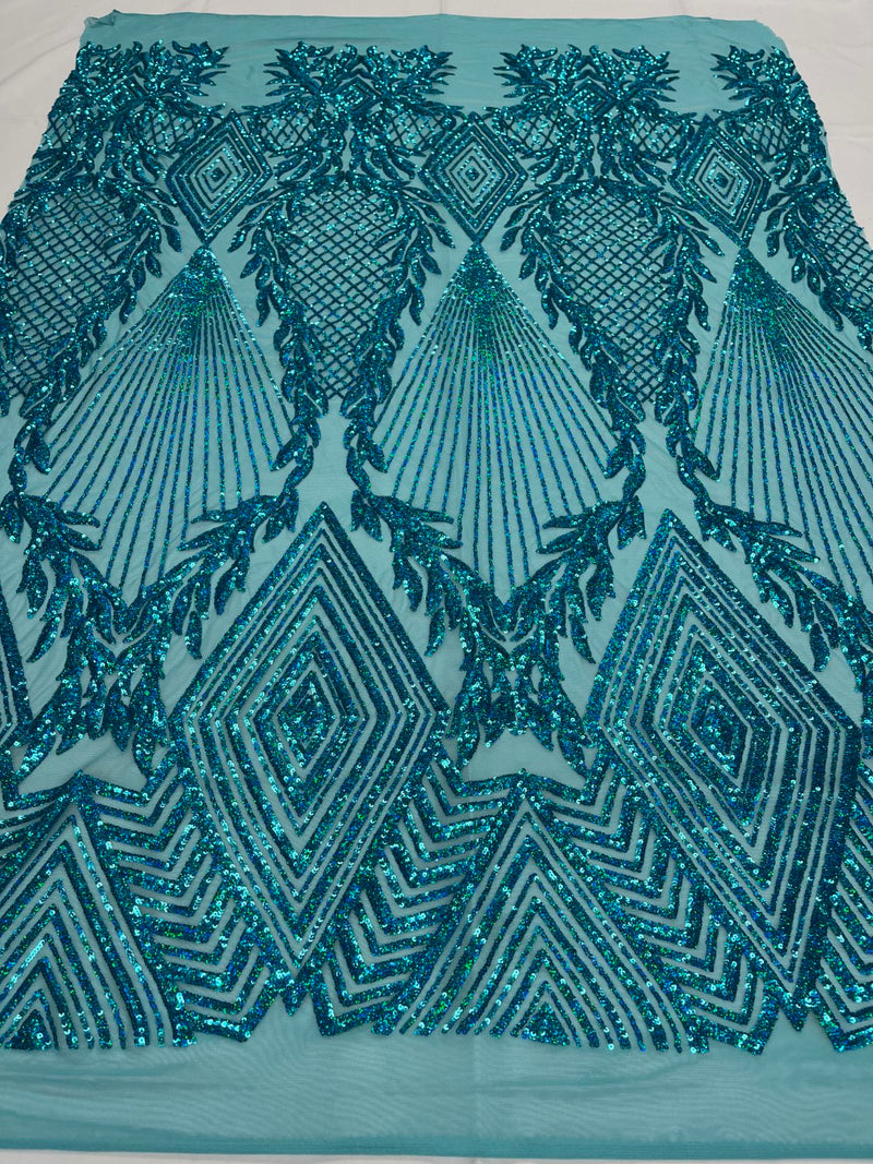 Triangle Sequin Fabric - Holographic Turquoise - Geometric Designs Spandex Mesh