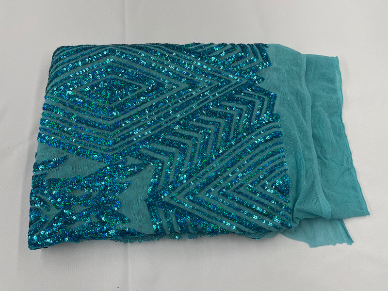 Triangle Sequin Fabric - Holographic Turquoise - Geometric Designs Spandex Mesh