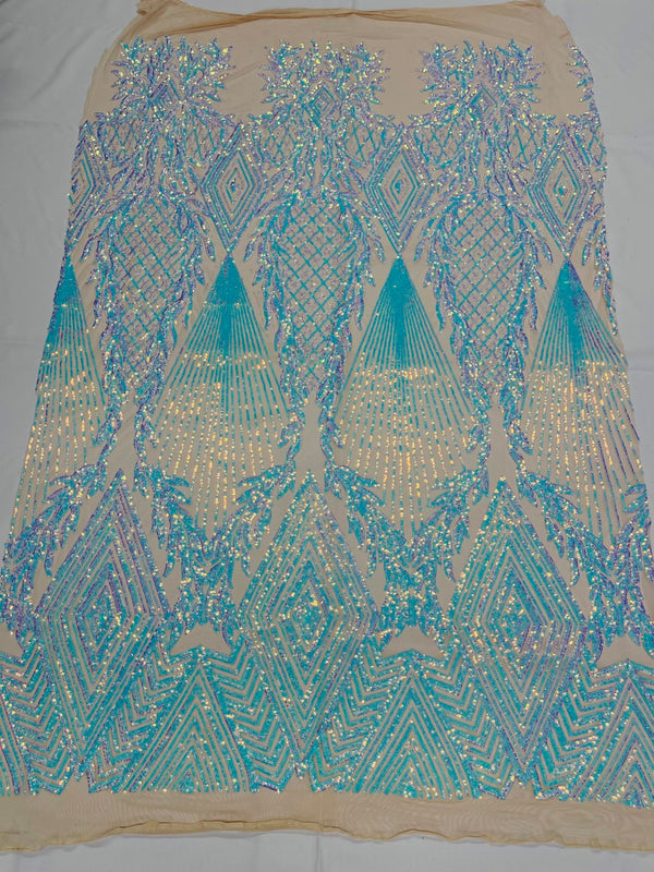 Triangle Sequin Fabric - Iridescent Aqua on Nude - Geometric Designs Spandex Mesh