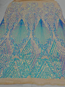 Triangle Sequin Fabric - Iridescent Aqua on Nude - Geometric Designs Spandex Mesh