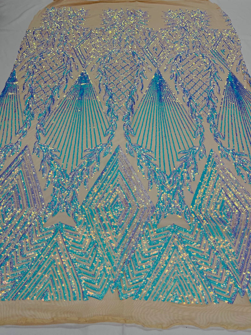 Triangle Sequin Fabric - Iridescent Aqua on Nude - Geometric Designs Spandex Mesh