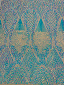 Triangle Sequin Fabric - Iridescent Aqua on Nude - Geometric Designs Spandex Mesh