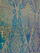 Triangle Sequin Fabric - Iridescent Aqua on Nude - Geometric Designs Spandex Mesh