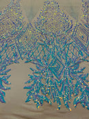 Triangle Sequin Fabric - Iridescent Aqua on Nude - Geometric Designs Spandex Mesh