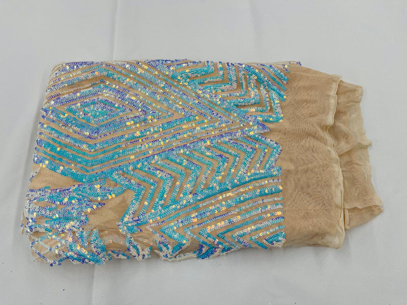 Triangle Sequin Fabric - Iridescent Aqua on Nude - Geometric Designs Spandex Mesh