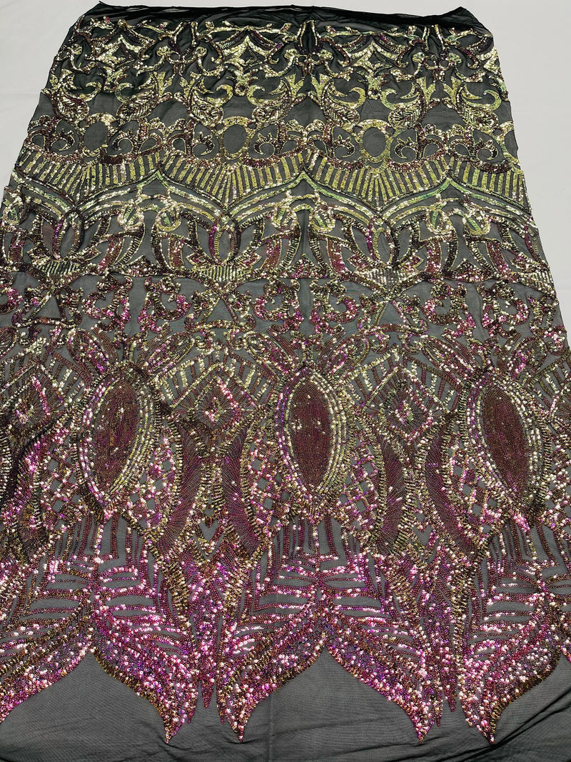 Iridescent Magenta Gold - 4 Way Stretch Embroidered Royalty Sequins Fancy Design Fabric By Yard