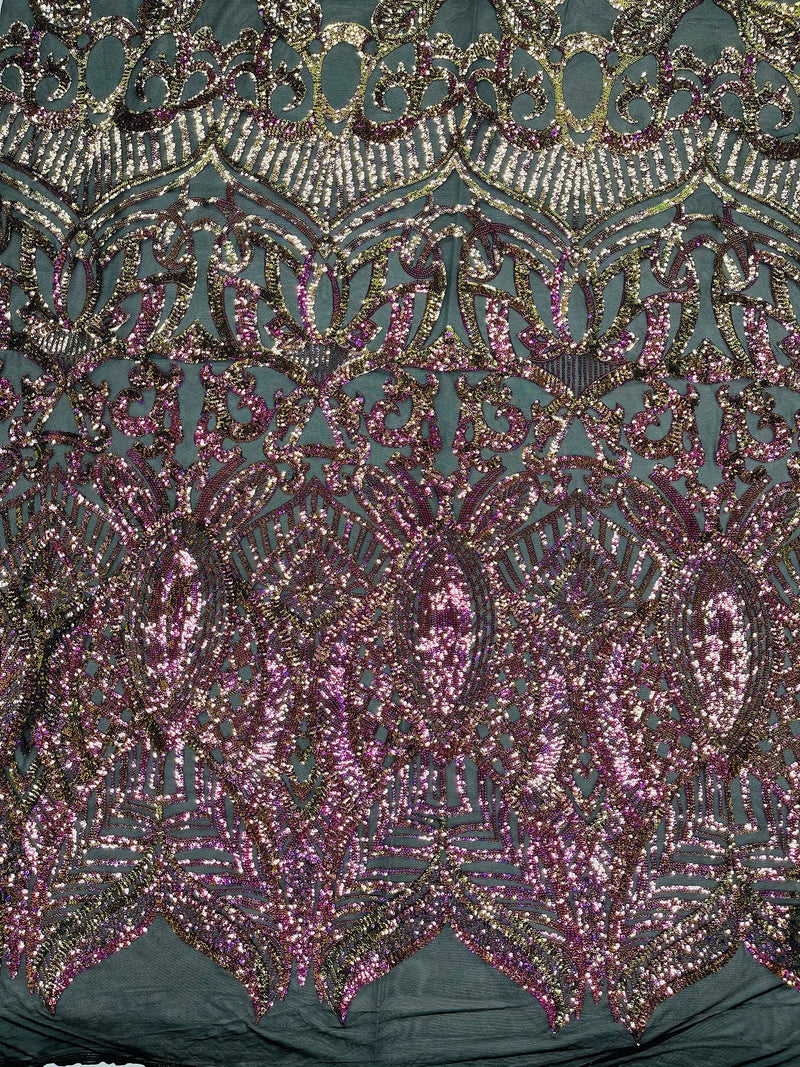 Iridescent Magenta Gold - 4 Way Stretch Embroidered Royalty Sequins Fancy Design Fabric By Yard