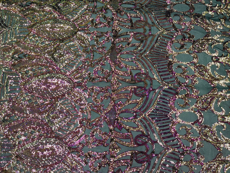 Iridescent Magenta Gold - 4 Way Stretch Embroidered Royalty Sequins Fancy Design Fabric By Yard