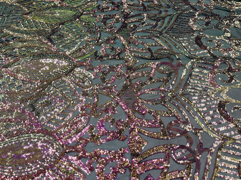 Iridescent Magenta Gold - 4 Way Stretch Embroidered Royalty Sequins Fancy Design Fabric By Yard