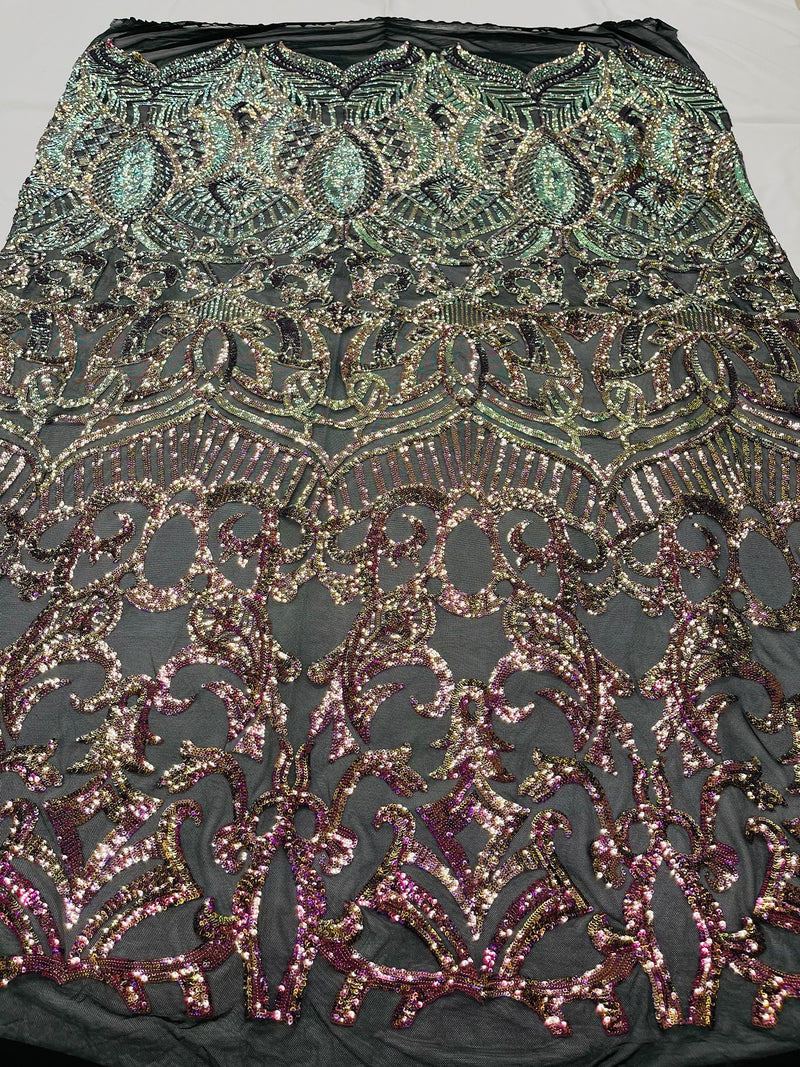 Iridescent Magenta Gold - 4 Way Stretch Embroidered Royalty Sequins Fancy Design Fabric By Yard