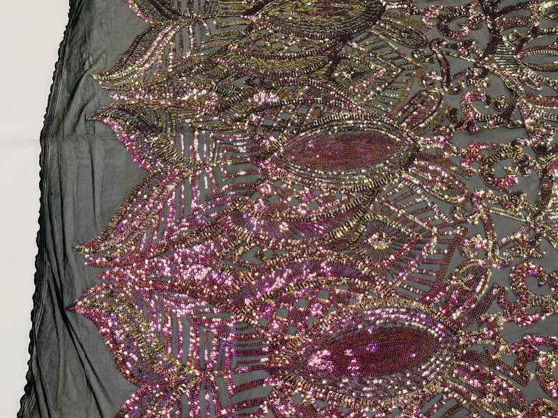 Iridescent Magenta Gold - 4 Way Stretch Embroidered Royalty Sequins Fancy Design Fabric By Yard