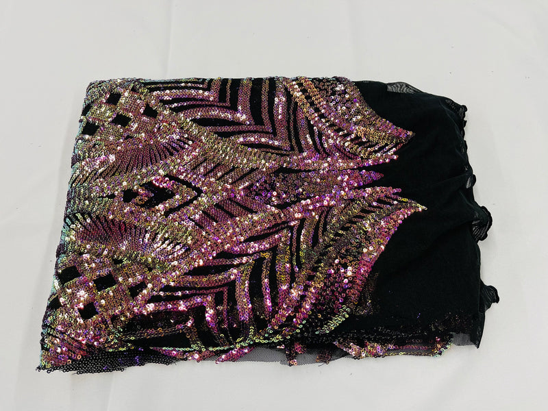 Iridescent Magenta Gold - 4 Way Stretch Embroidered Royalty Sequins Fancy Design Fabric By Yard