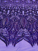 Holographic Purple Sequin - 4 Way Stretch Embroidered Royalty Sequins Fancy Design Fabric By Yard