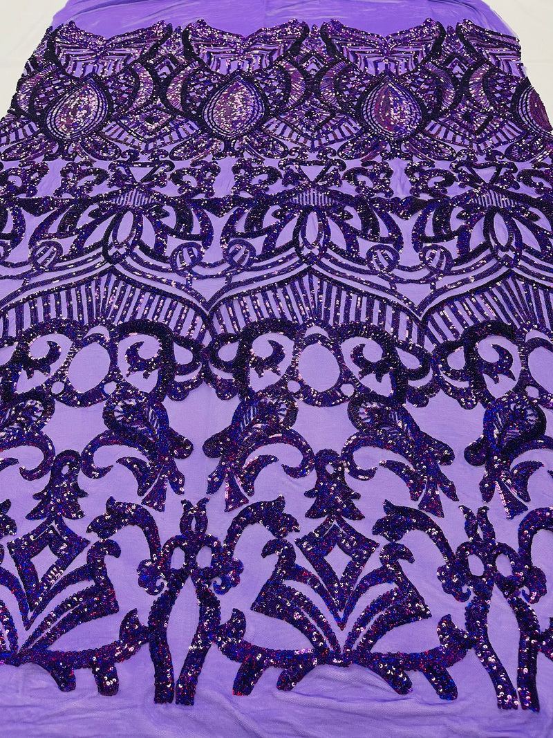 Holographic Purple Sequin - 4 Way Stretch Embroidered Royalty Sequins Fancy Design Fabric By Yard