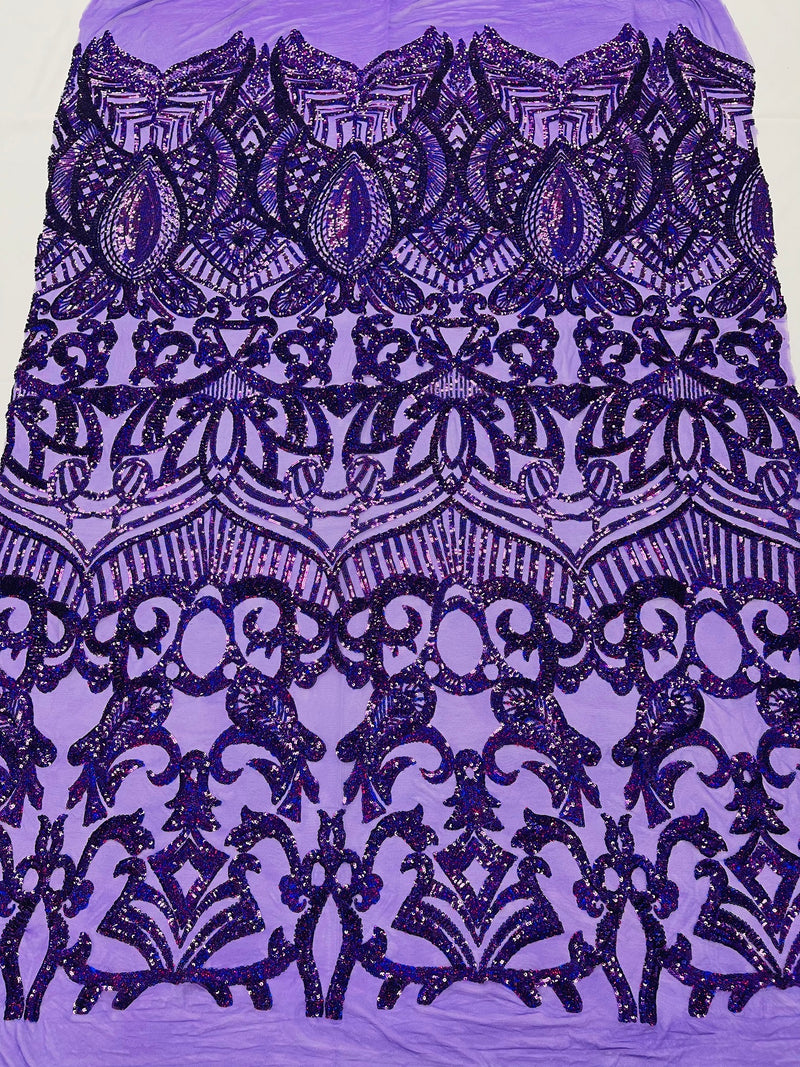 Holographic Purple Sequin - 4 Way Stretch Embroidered Royalty Sequins Fancy Design Fabric By Yard