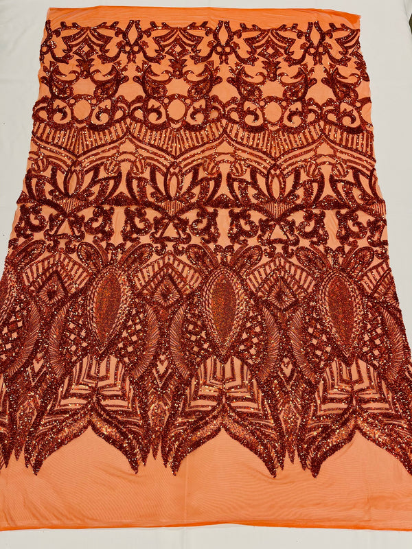 Burnt Orange Sequin - 4 Way Stretch Embroidered Royalty Sequins Fancy Design Fabric By Yard