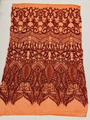 Burnt Orange Sequin - 4 Way Stretch Embroidered Royalty Sequins Fancy Design Fabric By Yard