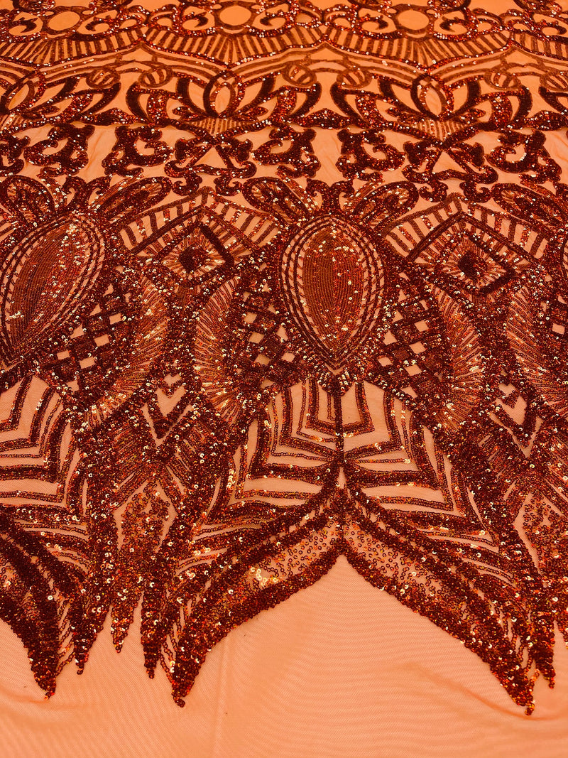 Burnt Orange Sequin - 4 Way Stretch Embroidered Royalty Sequins Fancy Design Fabric By Yard