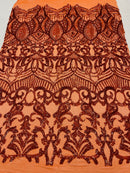 Burnt Orange Sequin - 4 Way Stretch Embroidered Royalty Sequins Fancy Design Fabric By Yard